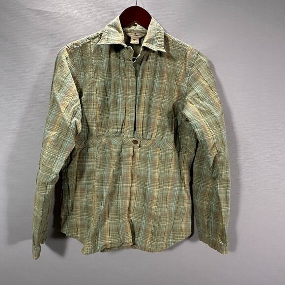 Woolrich Shirt Womens Medium Green Cotton Stretch Snap Up Blouse Textured Top - Picture 1 of 9
